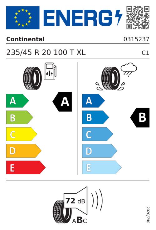 EU-Label CONTINENTAL ECOCONTACT 6 (MO) (EVc) 235/45R20 100T (MO) (EVc) XL BSW