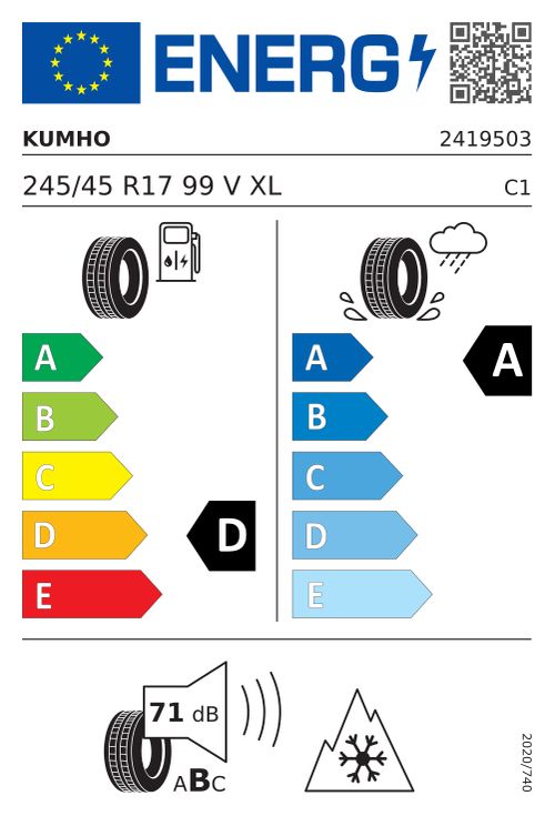 EU-Label KUMHO WINTERCRAFT WP52+ 245/45R17 99V XL BSW