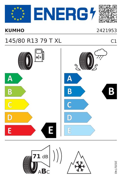 EU-Label KUMHO WINTERCRAFT WP52+ 145/80R13 79T XL BSW