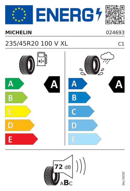 EU-Label MICHELIN PRIMACY 5 ENERGY 235/45R20 100V XL MFS FQ