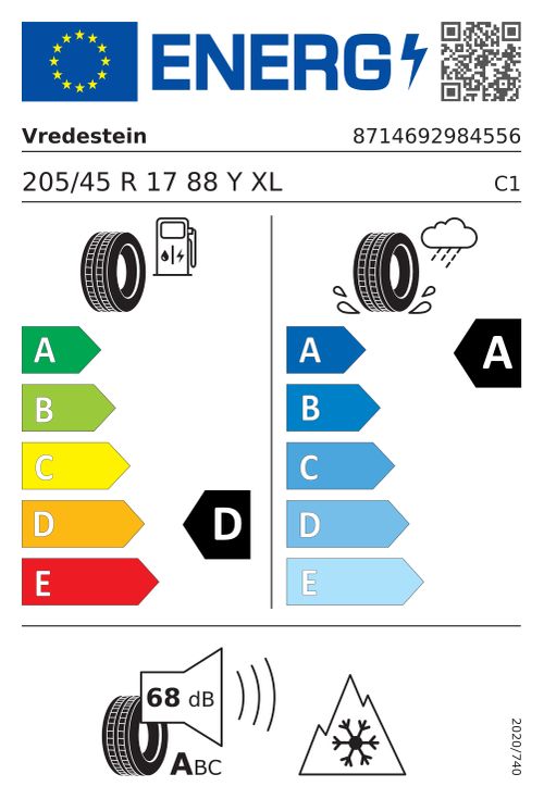 Étiquette européenne VREDESTEIN QUATRAC PRO 2 205/45R17 88Y XL FSL