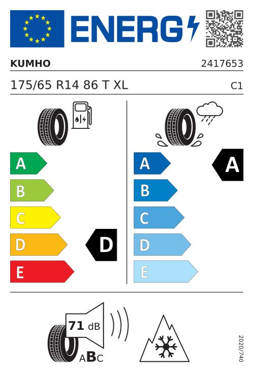 EU-Label KUMHO WINTERCRAFT WP52+ 175/65R14 86T XL BSW